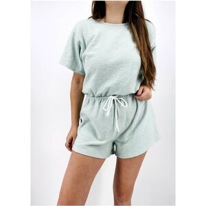 SABO Light Blue Short Sleeve Crewneck Tie Waist Shorts Romper Size Medium